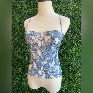 Blue Renaissance Print Structured Corset Top